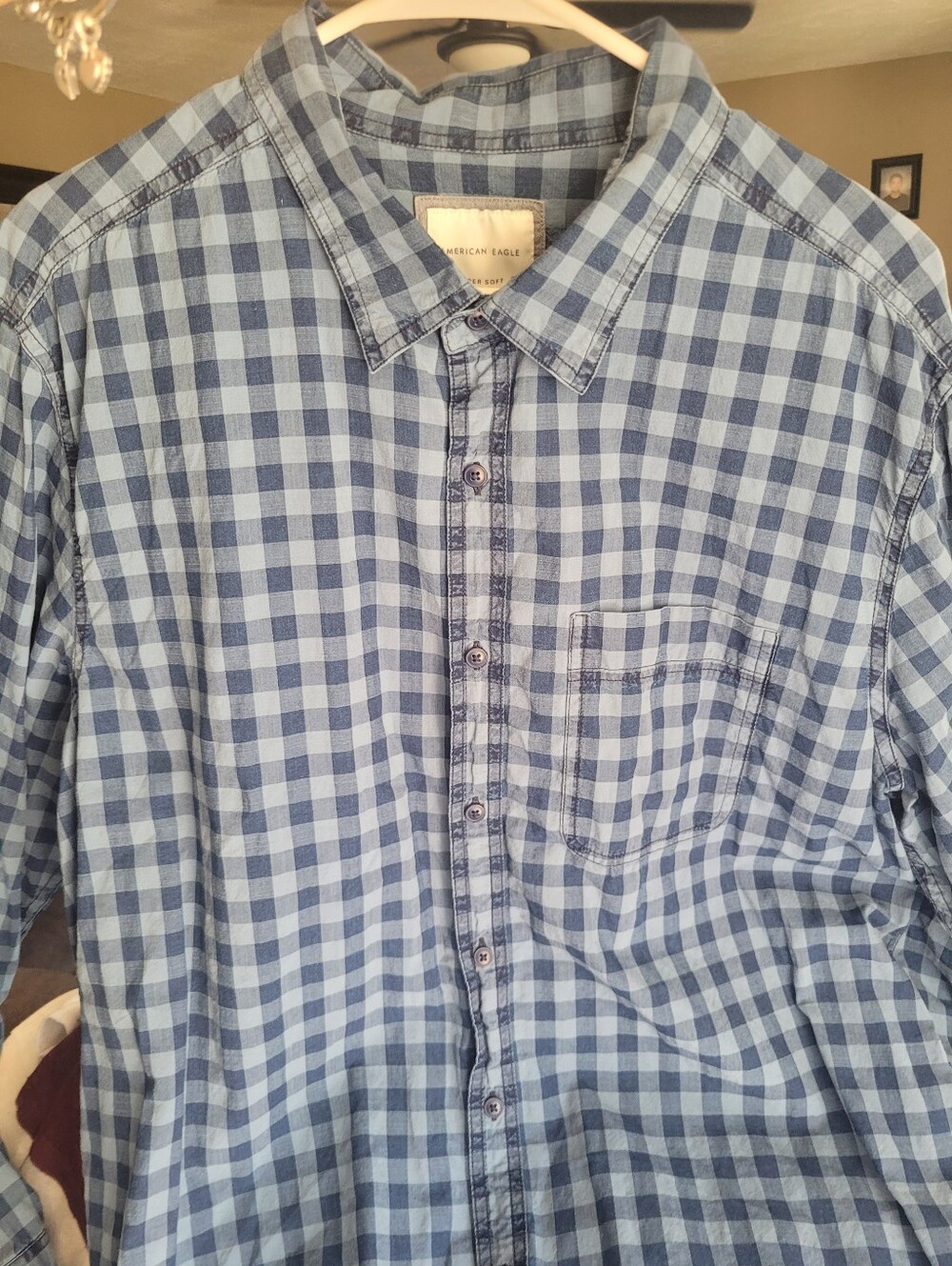 American Eagle Outfitters Super Soft Blue Check Plaid Button-Up Shirt Size XL